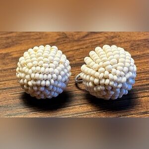 Vintage Signed Bená White Milk Glass Seed Bead Screw-back Earrings; .75”
